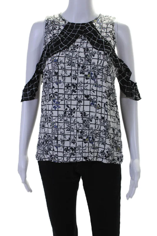 Preen Line Womens Side Zip Floral Check Cold Shoulder Top White Black