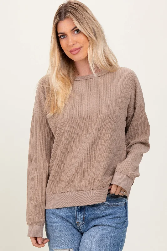 Mocha Ribbed Brushed Knit Pullover Top