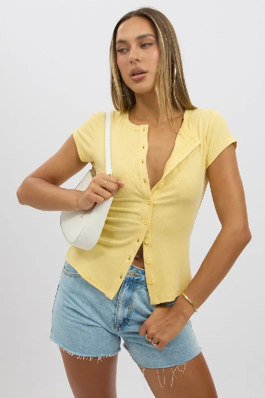 Yellow Button Front Top Short Sleeve