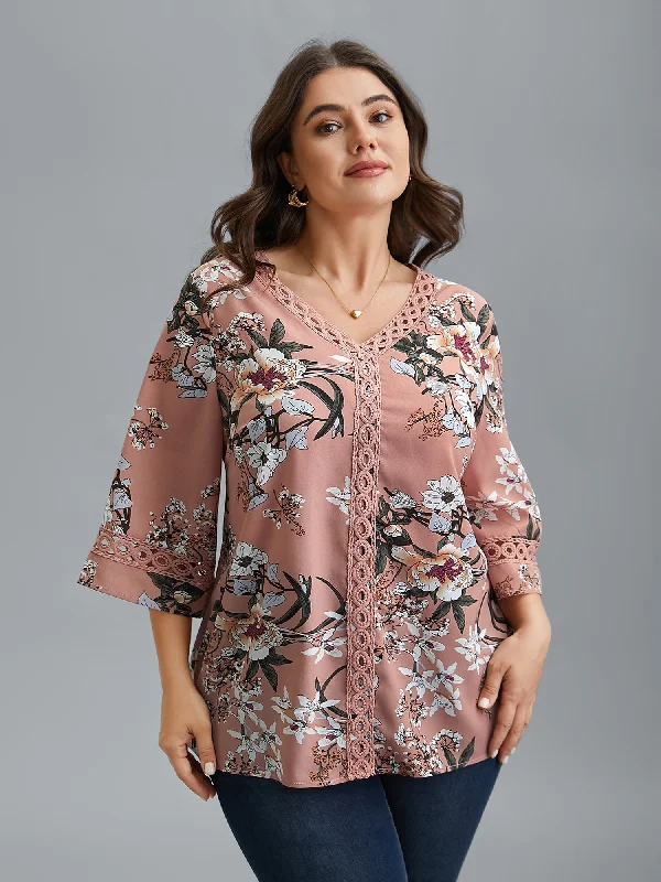 Blooming Flower Print Webbing Spliced Blouse